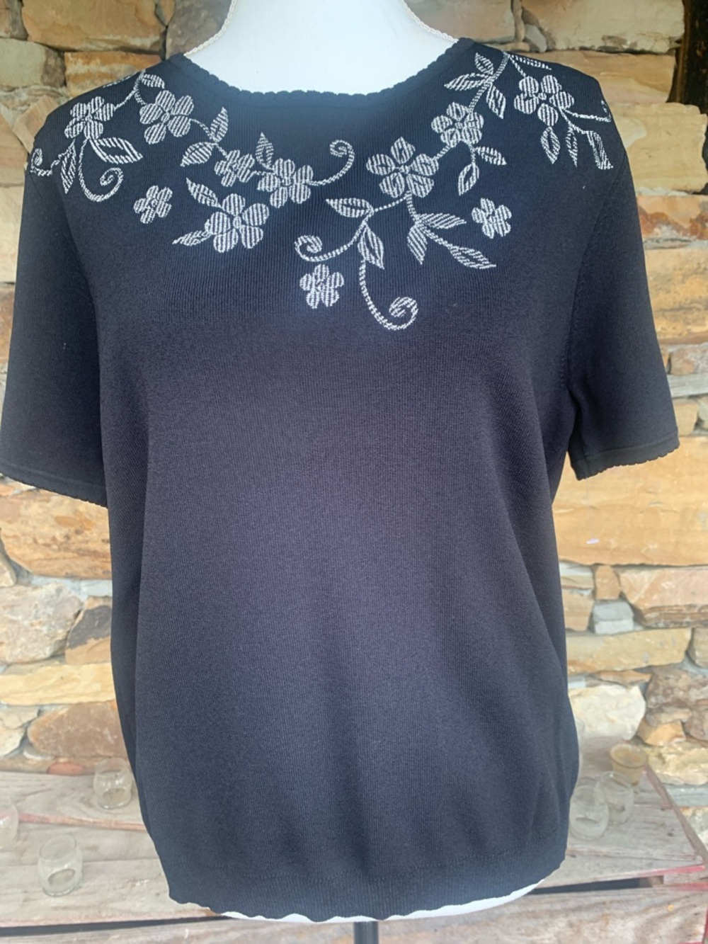 Alfred Dunner Black Knit Floral Embroidered Top